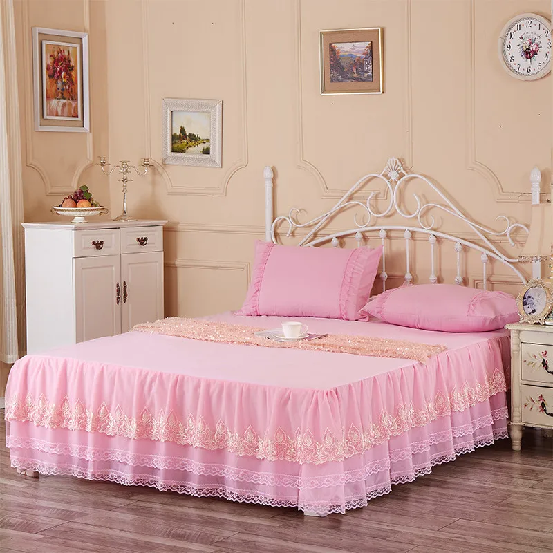 Bed skirts pink beige purple princess lace mattress cover Summer Korean style solid bed cover twin full queen king size bedding