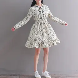 Японский Мори платье для девочек 2018 Новый осень-зима Для женщин с длинным рукавом Цветочный принт вельветовые платья оборками