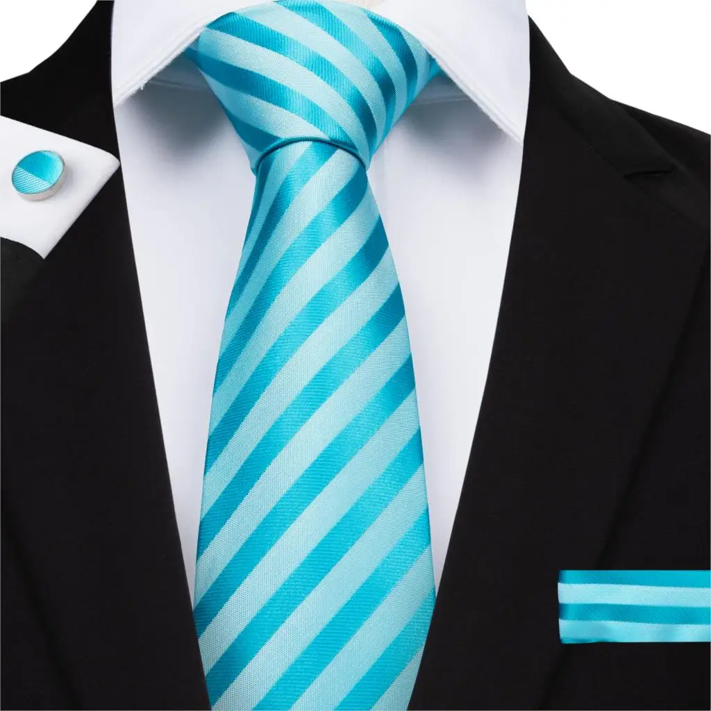 

DiBanGu New Top Blue Striped Tie for Men 100% Silk Necktie Hanky Cufflinks Men's Tie Business Wedding Party Neck Tie Set MJ-7002