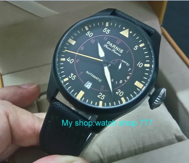 

47mm PARNIS Automatic Self-Wind Mechanical movement men's watch Black dial PVD case power reserve Mechanical watches zd364a