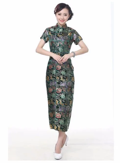 Винтаж зеленый китайский Для женщин традиционные атласное платье Cheongsam Qipao Топы корректирующие халат De Soiree цветок Размеры размеры S M L XL XXL, XXXL C0004