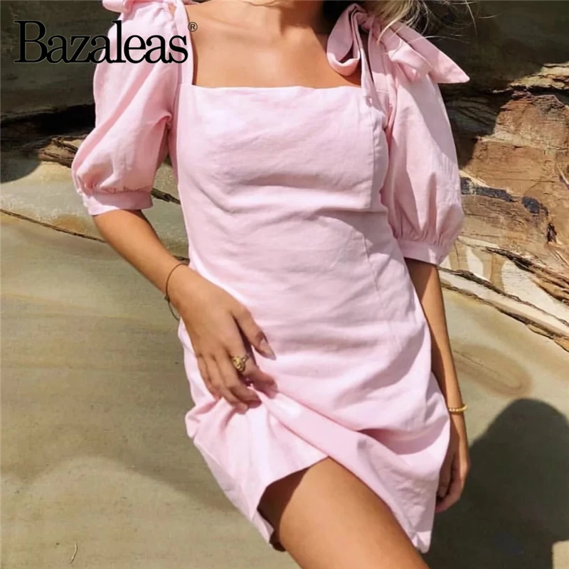 

Bazaleas Chic Puff Bow Sleeve Pink Women Dresses Vintage A Line women mini dress Fashion slim vestidos drop shipping