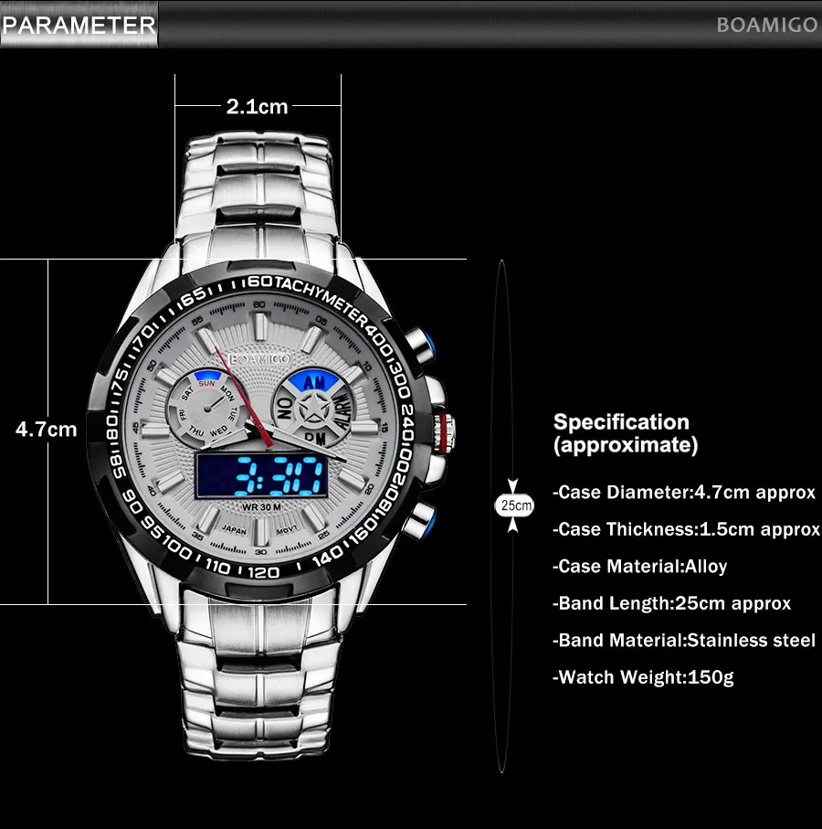 BOAMIGO Топ люксовый бренд для мужчин спортивные часы Военная мода Бизнес Сталь Цифровые кварцевые часы подарок часы relogio masculino