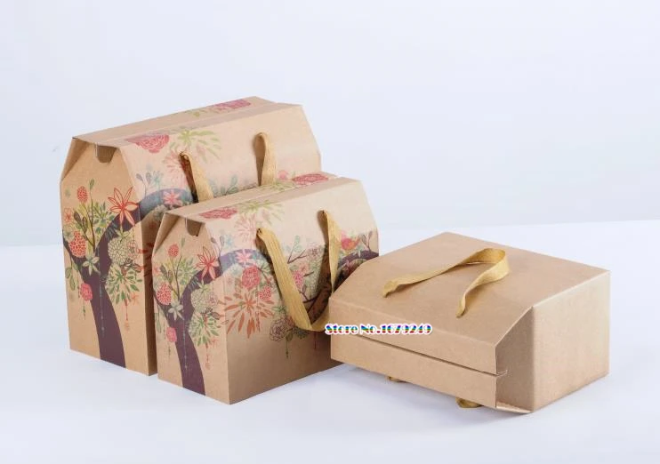 Retro flower design Natural Kraft Paper Box With Rope Handle Gift Bag For Tea Boxes Favlor Package 100pcs/lot | Дом и сад