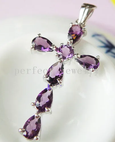 

Amethyst necklace pendant Free shipping Natural amethyst pendant 925 sterling silver 0.35ct*7pcs gems Cross pendant #15022507