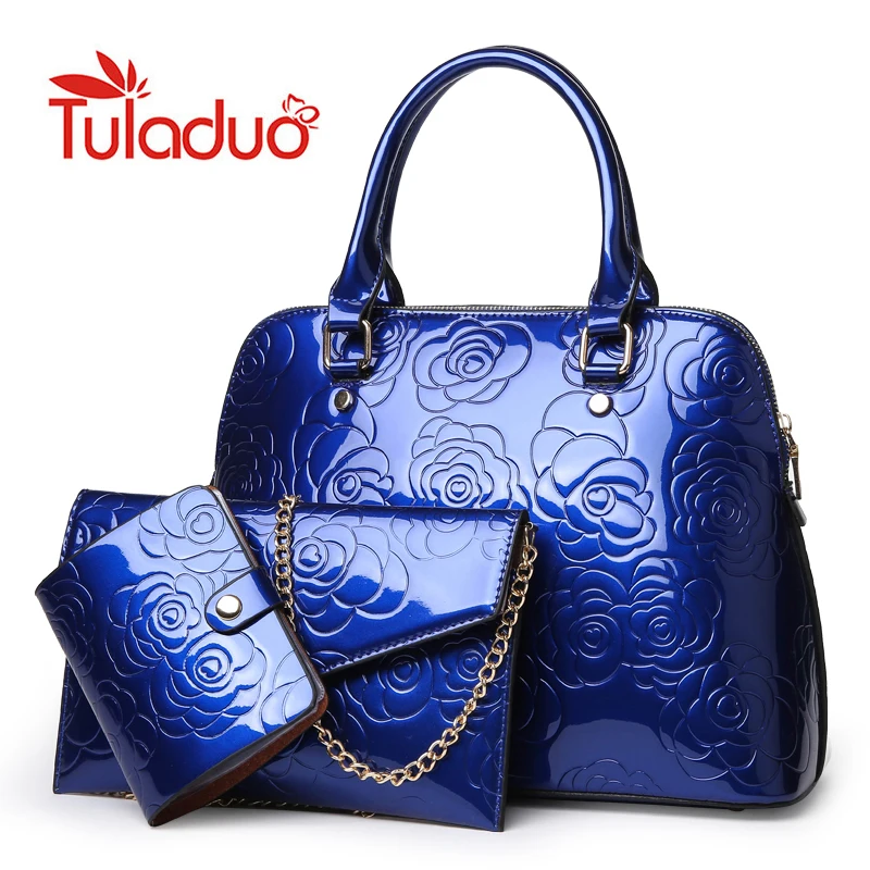 High Quality Patent Leather Women Handbags Luxury Floral 3 Sets Ladies Composite Bag Fashion Shell Bags