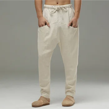 

Men's Linen Haren Pants Comfortable Drop Crotch Cotton Linen Trousers Men Soft Natural Flax Pants Elastic Waist Pokents Casual