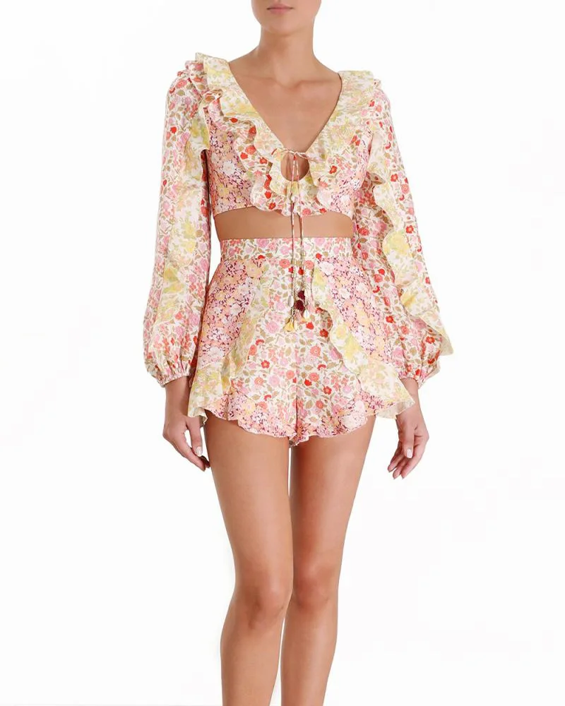 

DEAT 2019 Summer Pink Floral Print Long Lantern Sleeve V Neck Dew Navel Lace Up Top Elastic Shorts Two Piece Women MF398