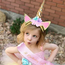 Moda linda meninas unicórnio festa bandana dos desenhos animados tiara aniversário cetim faixa unicórnio feliz aniversário fontes para meninas