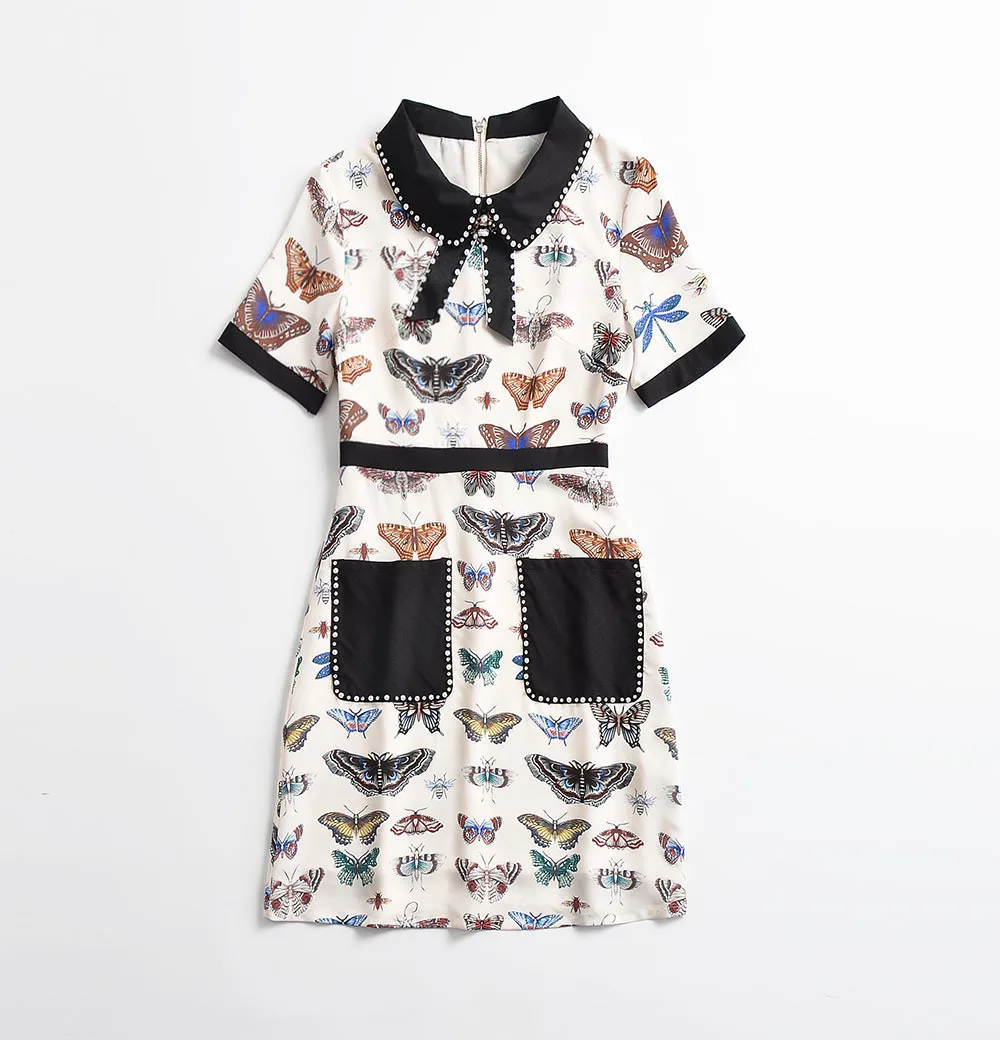 2018 Summer Black/ White Runway Dress Print Beads Bow Short Sleeves Turn down Collar Women's dress Vestidos De Festa 4223 | Женская