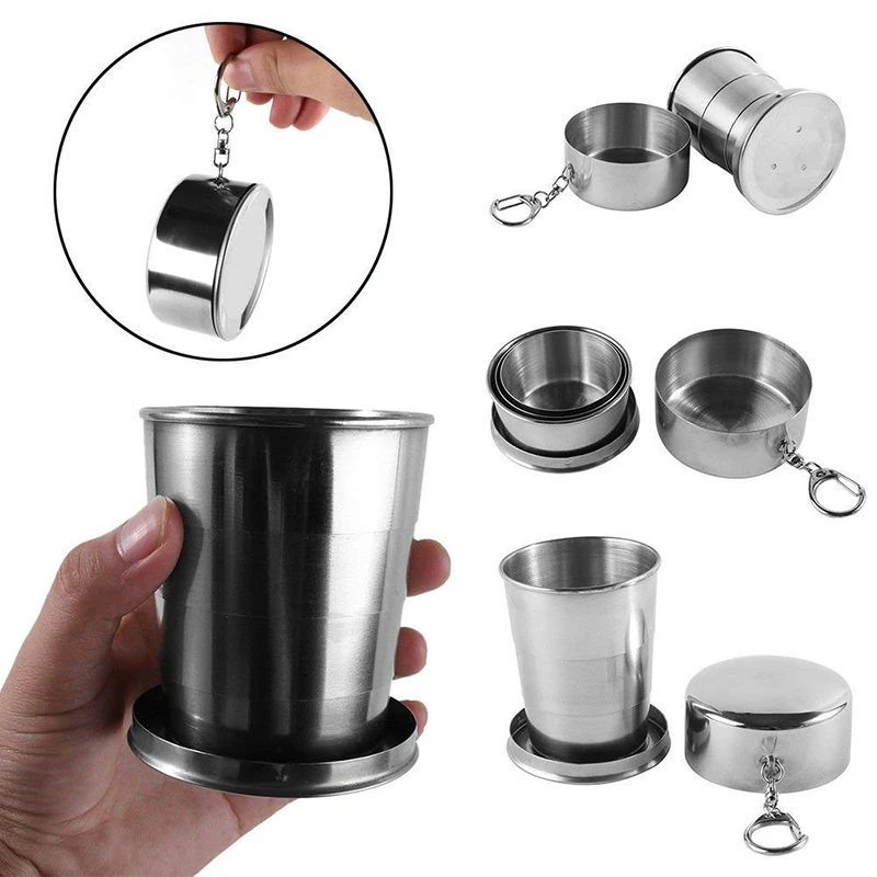 

Folding Travel Cups Stainless Steel Outdoor Camping Cup Portable Collapsible Wine Mug Hiking With Keychain Tool 60ML 150ML 250ML