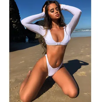 

Womens Plunging Long Sleeve Tie Knot Front High Waist Thong Bikini Set 2 Piece Swimsuits Cut Out Sexy Bathing Sun Suit Solid