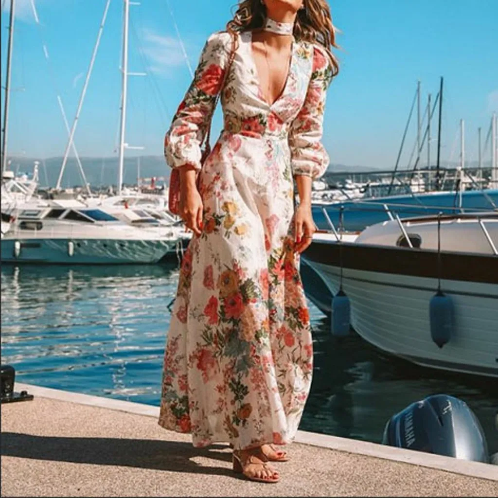 

2019 Summer Long Dress Floral Print Boho Beach Dress Tunic Maxi Dress Women Evening Party Dress Sundress Vestidos de festa#J30