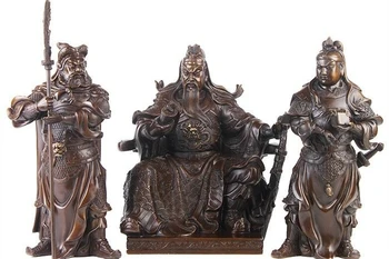 

China Folk Bronze Copper Warrior God Guan Guan Gong Yu Ping Zhou Cang Statue Set