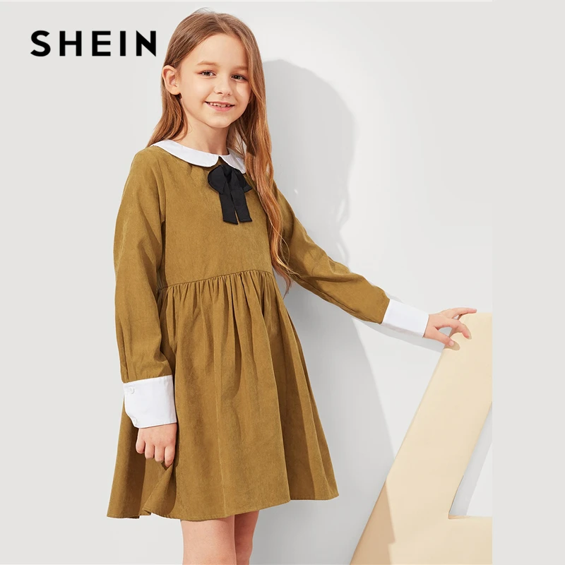 SHEIN Kids/коричневое платье для девочек с контрастным воротником и бантом спереди; консервативное платье; детская одежда; коллекция года; весенние повседневные платья для девочек с длинными рукавами на молнии