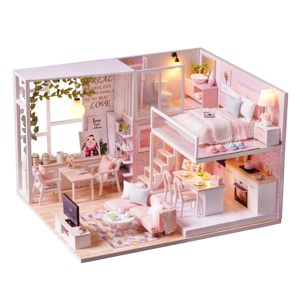 DIY Miniature Loft Dollhouse Mini 3D Pink Wooden House Dollhouse