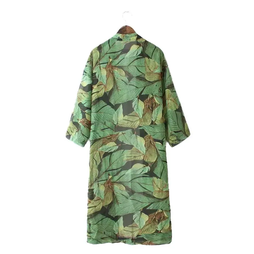 

Women fashion kimono Outerwear Green Leaf Cardigan Printed Jacket Chiffon Cardigan Coat Tops Blouse female 2JULYO13