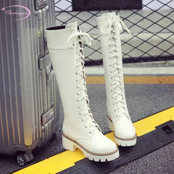 

Chainingyee cosplay style round head knee high boots fashion lace-up black white medium heel riding boots women's shoes