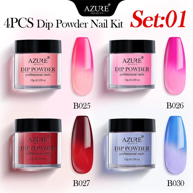 

Azure Beauty 4Pcs/Lot Thermal Change Nail Dip Powder Set Gradient Color Temperature Dip Powder Natural Dry Nail Glitter Powder