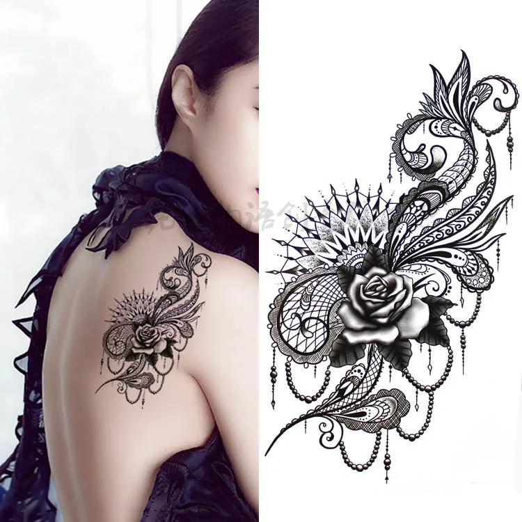 أسود كبير زهرة الفن الجسم للماء المؤقتة مثير الفخذ الوشم روز للمرأة فلاش لصاقات وشم 10*20 سنتيمتر KD1054