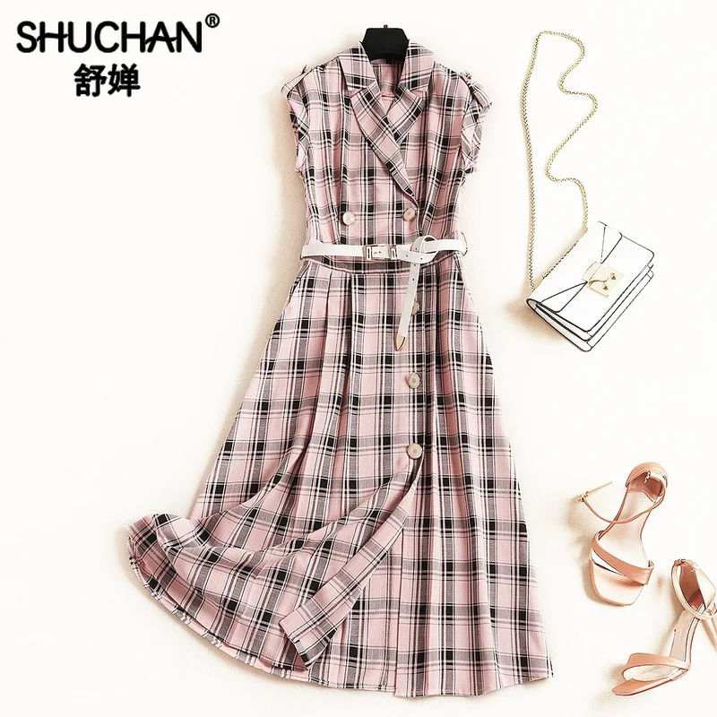 

Shuchan Vintage A-Line Plaid Tank Dress To Mid-Calf Turn-down Collar Vestidos Largos De Verano Women's Leisure Clothing 51515