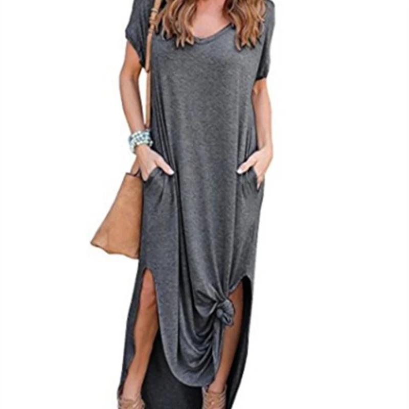 CHICEVER летние женские платья с круглым вырезом и коротким рукавом, с неровным разрезом, свободные, большие карманы, длинное платье для женщин, модная новинка - Цвет: Gray