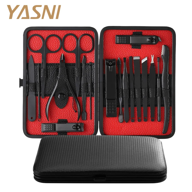  Manicure Set Nail Clippers Kit Pedicure Care Tools Black Men Grooming Kit 18Pcs With Black PU Leath