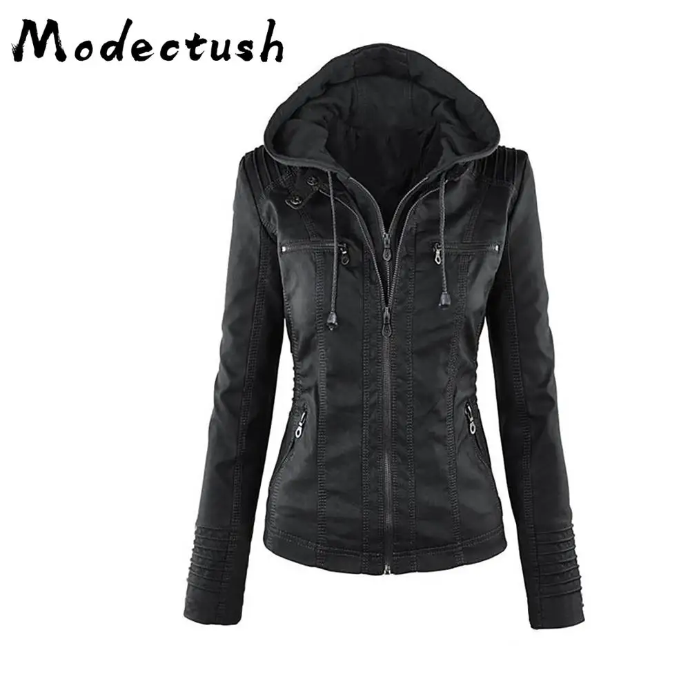 Женская кожаная куртка с капюшоном Modecrush на молнии рюшами большие размеры осень