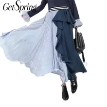 GETSRING, женские юбки, Длинная черная шифоновая юбка в стиле пэчворк, плиссированная юбка с оборками, асимметричные юбки с высокой талией, подходят ко всему