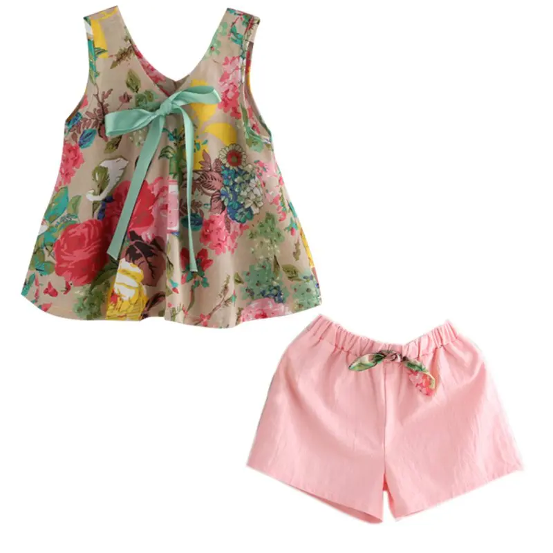 

Summer 2017 Girls Floral Printed Sleeveless Baby Soft Vest Tops +Shorts Sets For Girls Kids Clothes