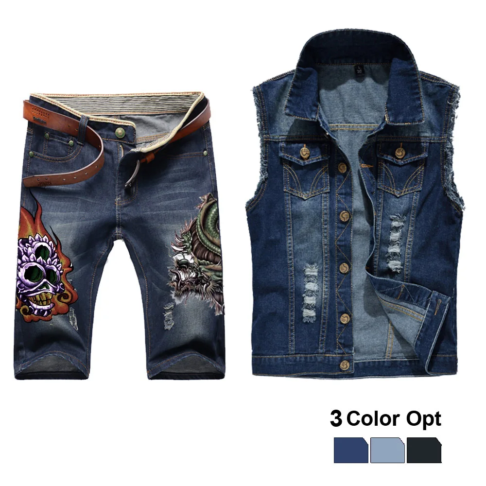 

Men Jean Vest Jacket Set Retro Ripped Destroyed Skinny Hole Top Denim Short Pants 1/2 Trousers Summer Beach Wear Blue Skull Fire