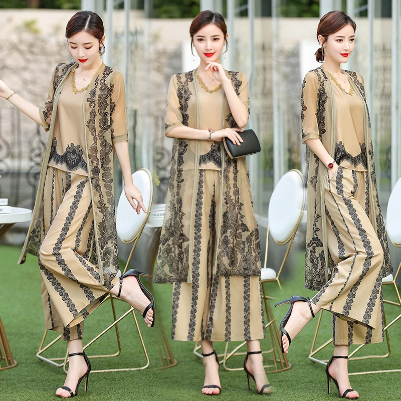 

Floral Print Summer Costume 3 Piece Set Women Fashionable Women's Summer Suit Ensemble Femme Survetement Year-old Female Costume