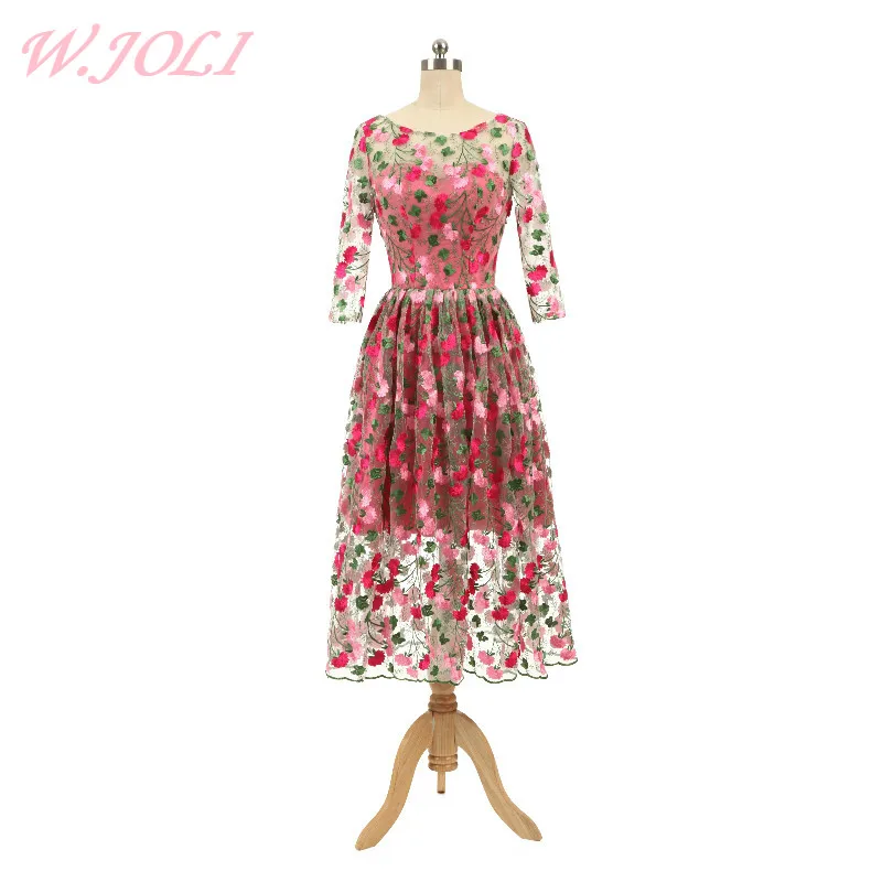

W.JOLI New Tea-length Evening Dress Embroidery Flowers Prom Gown Bride Banquet Elegant Wedding Party Dresses with Appliques