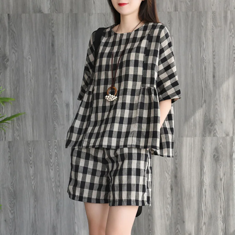 Summer Womens Cotton Linen Plaid Tops + Pants 2 Piece Set Female Blouse &amp Shorts Suit Plus Size Casual Office Lady Two |