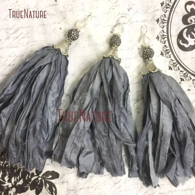 TPO14373-Gray Sari Silk Tassel Pendant Bohemian Tassels Pendant Antique Silver Fluted Bead Cap Czech Glass  (3)
