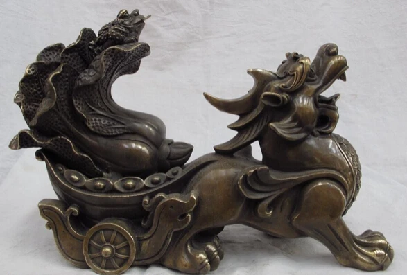 

Collectible bronze lion statue S0889 China Folk Copper Bronze Fengshui Lucky Wealth Foo Dog Lion Pull cabbage Statue B0403