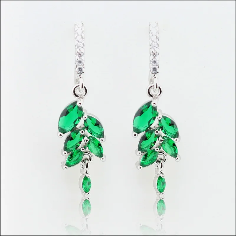 

Leaves Shaped Green Stones Drop Earring For Women Silver Color Wedding Jewelry Free Jewelry Box