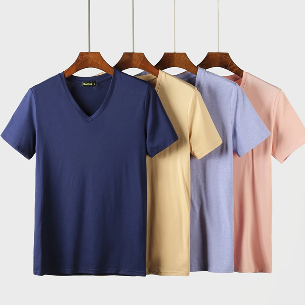 Brand T shirt Men's V-neck Slim Fit Pure Mercerized Cotton T-shirt Fashion Short Sleeve T shirt Men's Tops smart Casual Tshirt (13)