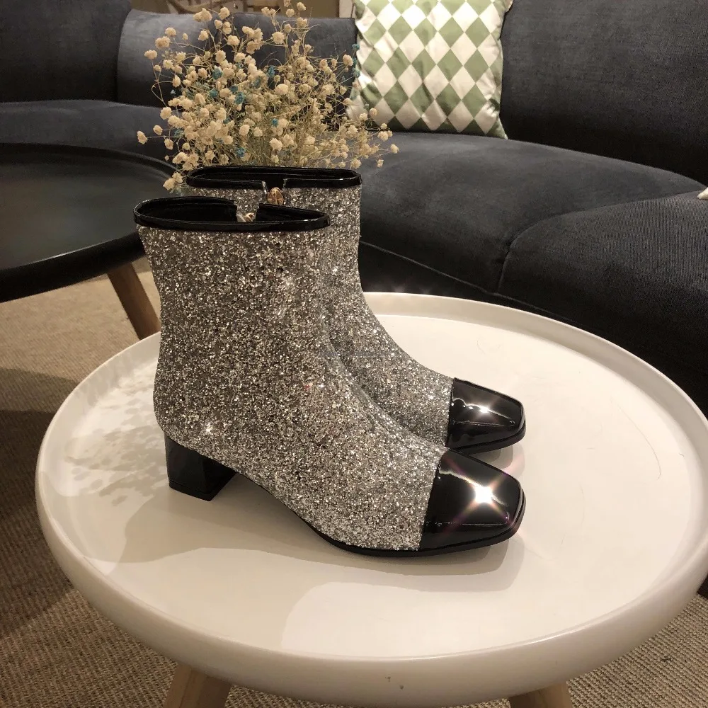 

Ankle Boots For Women 2018 Autumn Winter New Med Heels Chelsea Square Toe Velvet Bling Sexy Shoes Women Fashion Zapatos Mujer