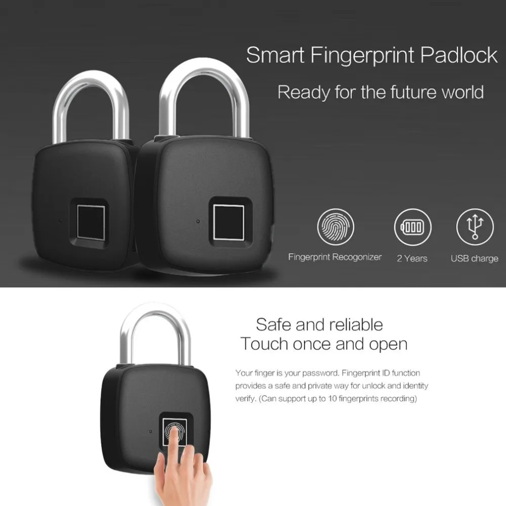 

USB Rechargeable Smart Keyless Fingerprint Lock IP65 Waterproof Anti-Theft Security Padlock Door Luggage Case Lock