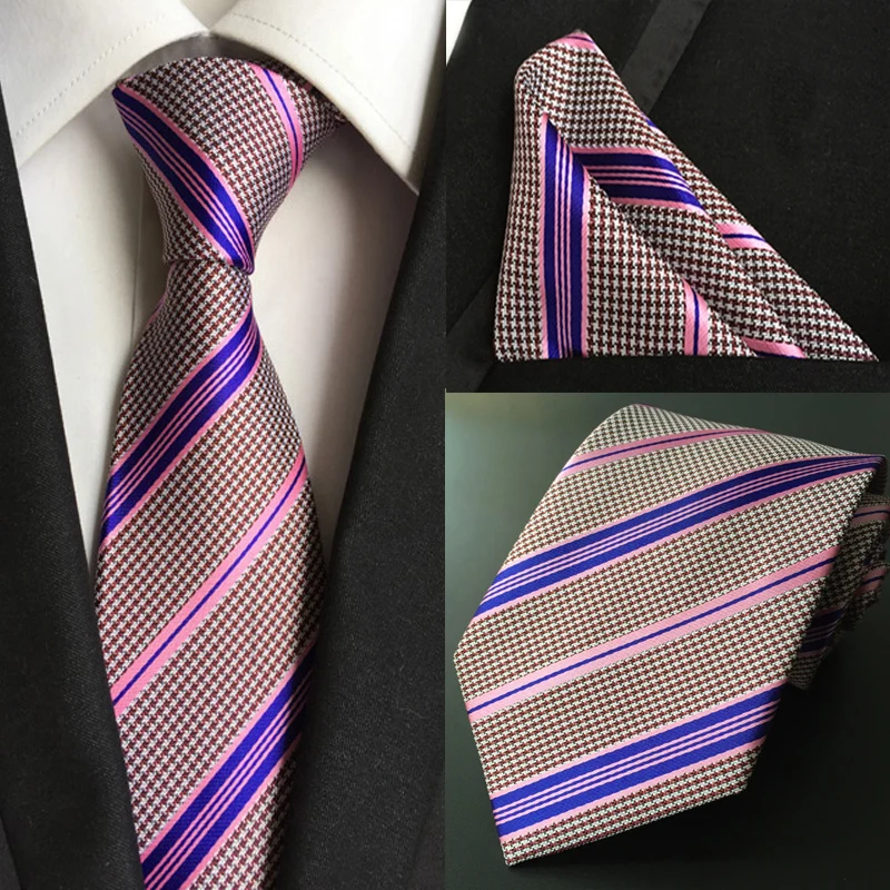 Classic Men's 100 Silk Tie Handkerchief Set Blue Pink Stripe