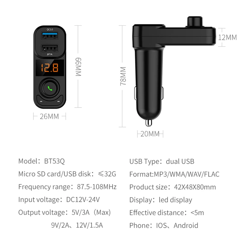 Bluetooth Handsfree Car Phone Kit Беспроводной fm передатчик с QC3.0 3.1A быстрое зарядное устройство