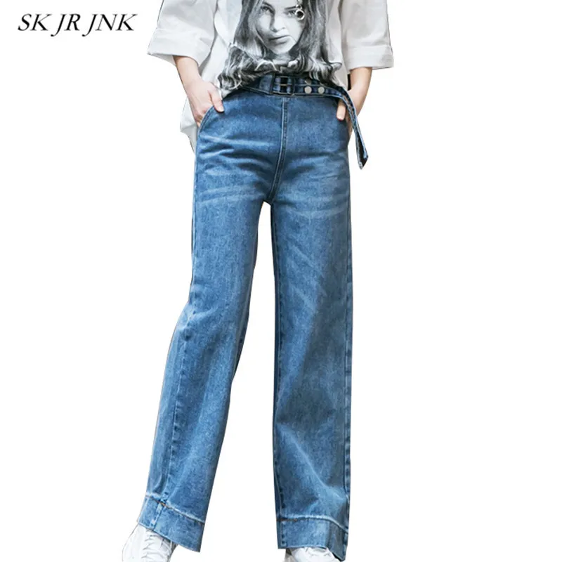 

Wide Leg Jeans Woman Spring Autumn New Fashion Leisure Trousers Korean Style Solid High Waist Slim Denim Long Belt Pants SR298