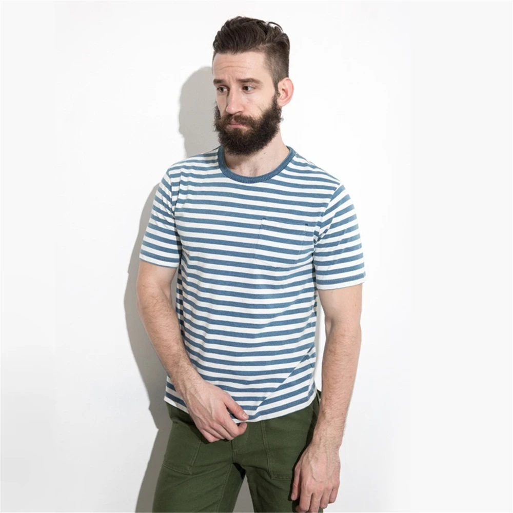 Summer round neck men's short-sleeved striped t-shirt retro college wind navy sailor blue and white striped loose casual top Summer round neck men's short-sleeved striped t-shirt retro college wind navy sailor blue and white striped loose casual top