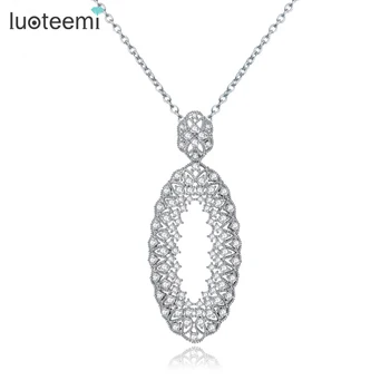 

LUOTEEMI Vintage Oval Pendant Micro Shining CZ Crystal Necklace White Gold-Color Flower Jewelry for Women Wedding Jewelry Gift