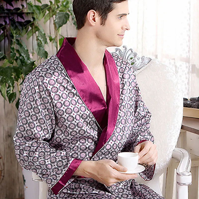 Новинка, мужской роскошный халат с геометрическим рисунком, v-образный вырез, шелковая трикотажная одежда для сна с длинным рукавом, XXXL, 5 цветов