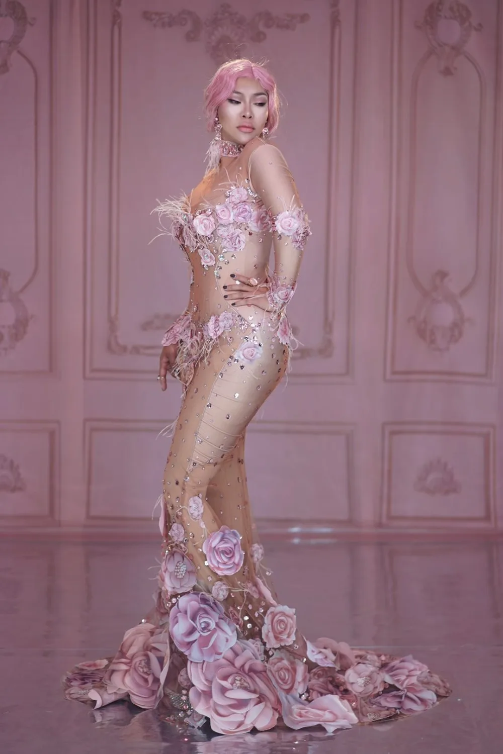 Женский костюм для выступлений певицы, модный дизайн, розовые цветы, просвечивается, длинное платье, 3D Рисунок, сетка, стрейч, платье для дня рождения