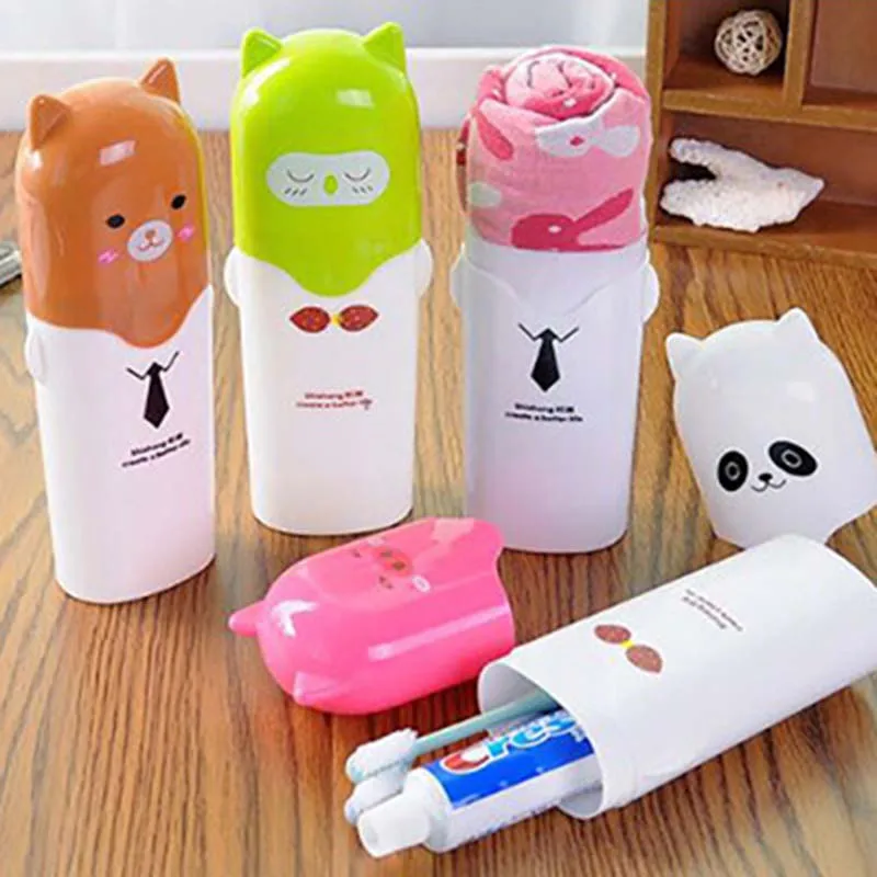 

2PCs/set Cartoon animal bear Travel Portable Toothbrush Toothpaste Storage Box Pink Container Plastic Toothbrush Organizer Case
