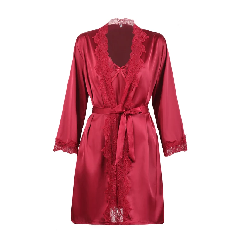 С длинным рукавом кружева пятно халаты и халаты наборы для женщин из искусственного шелка кардиган халат спинки Ночное платье пижамы дома пеньюары - Цвет: Winered