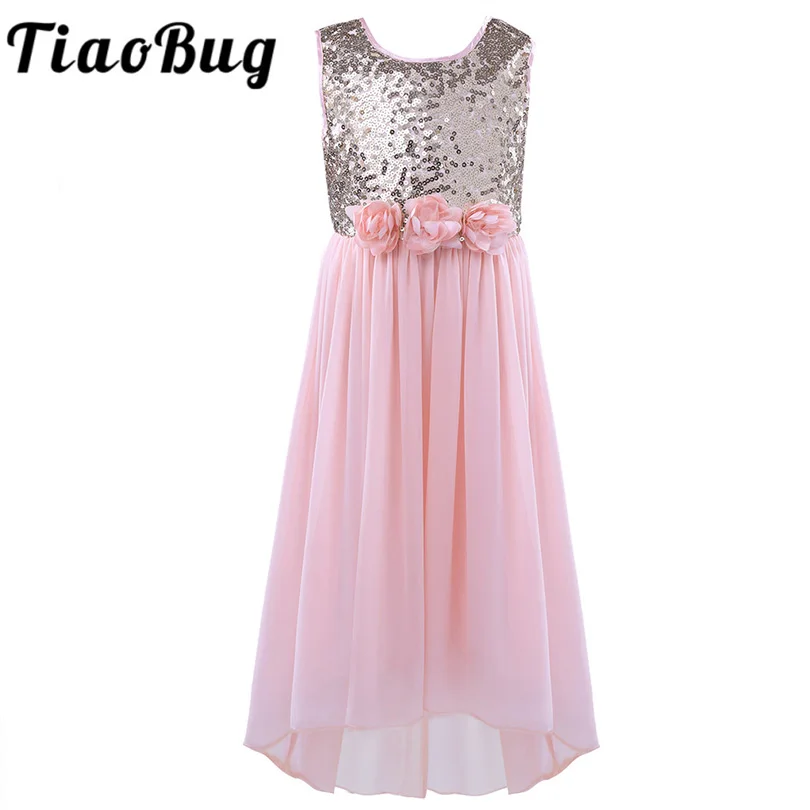 

TiaoBug Fashion Girls Chiffon Sequins Flower Girl Dress Princess Pageant Sleeveless A-Line High-low Hem Wedding Party Dresses